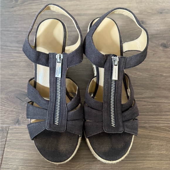 MICHAEL KORS Women's Berkley Sandal SZ 7.5 Wedge Platform Espadrille BLACK Denim - Picture 1 of 9